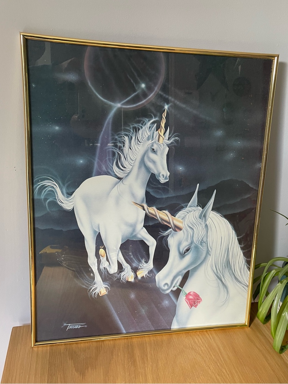 Vintage 80s Ferraro Framed Fantasy Unicorn Artwork 16 x 20